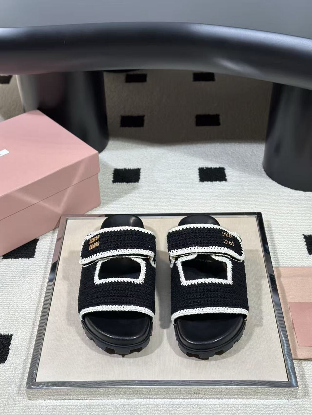 Miu Miu Black Crochet Slide Sandals